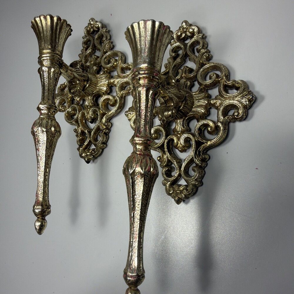 Vintage Hollywood Regency Ornate Set Metal Wall Sconce Candle Holders Gold 11”